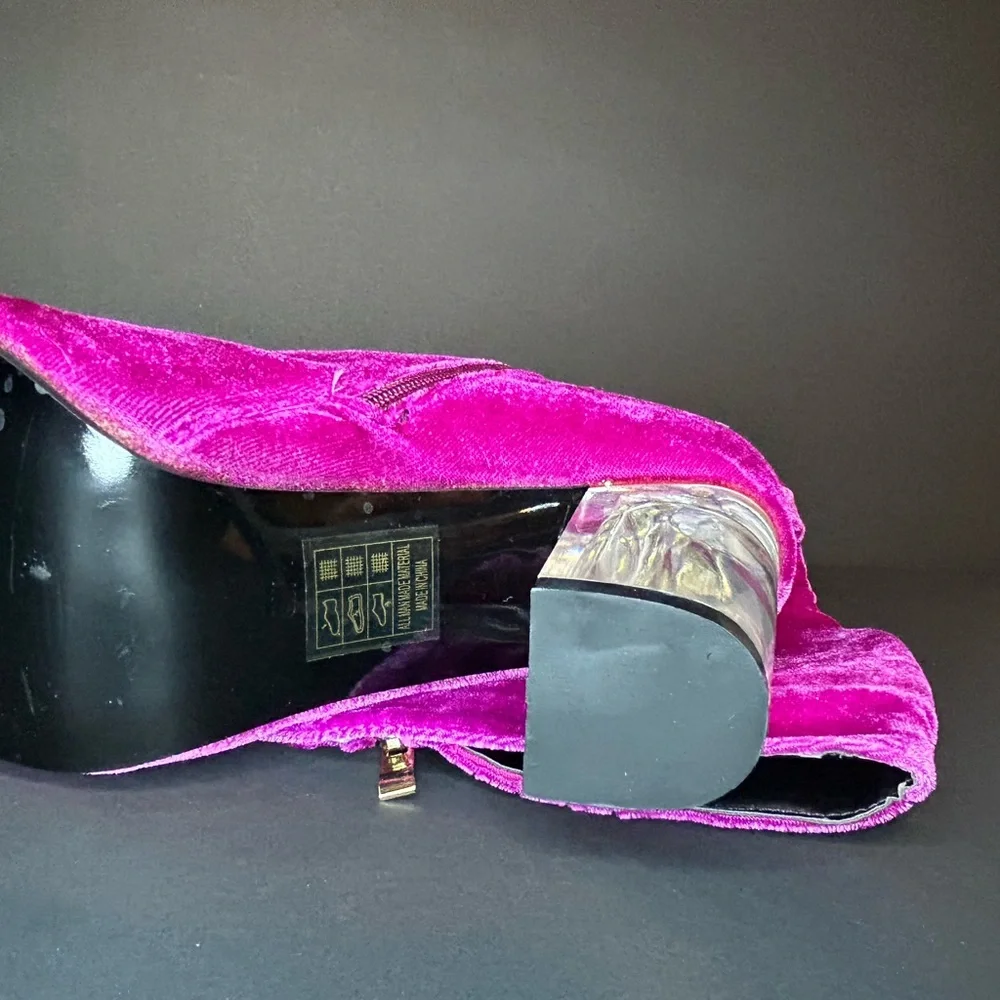 New Wide Calf Size 8W Pink Magenta Velvet With Clear Chunky Heel Boots - Picture 13 of 16
